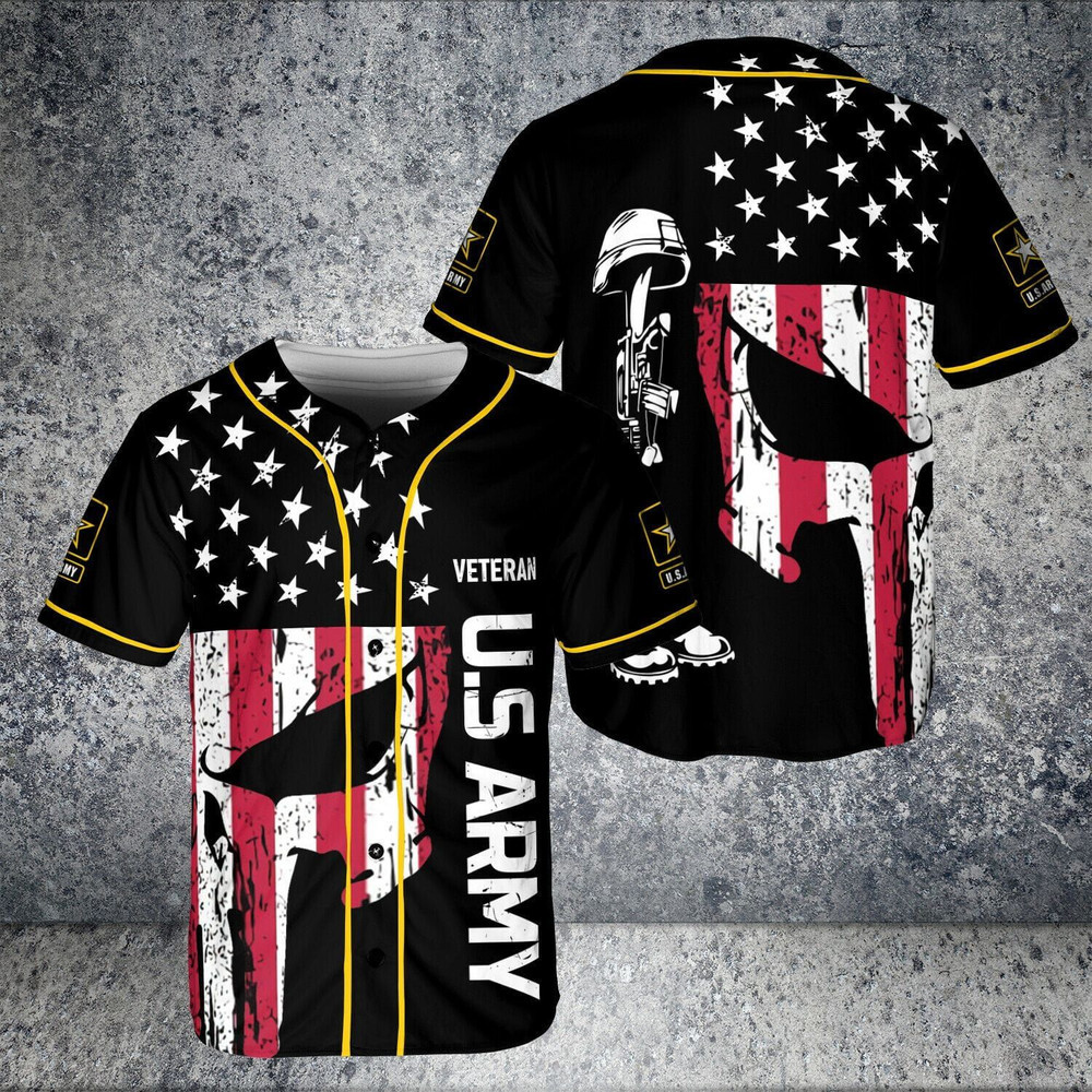 Skull Veteran US Army American Flag Baseball Jersey, Unisex Jersey Shirt for Men Women