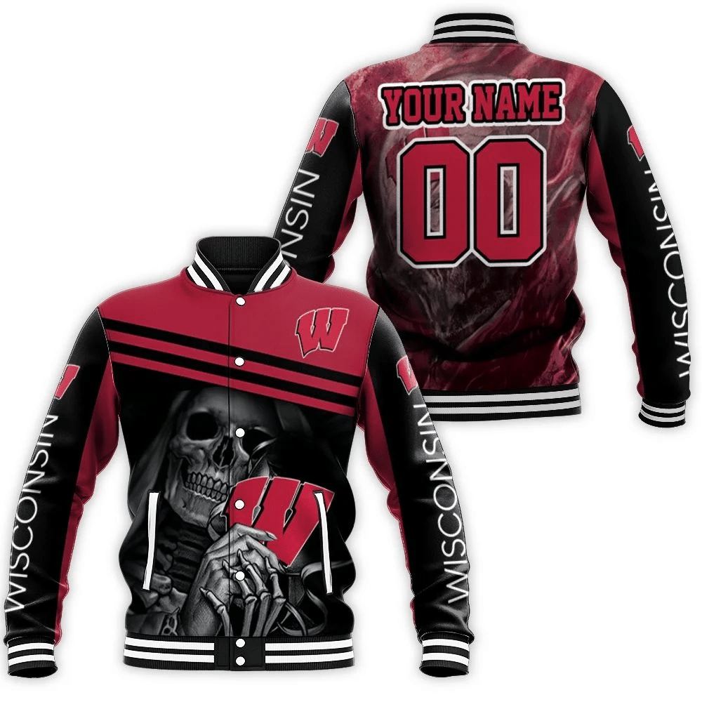 Skull Wisconsin Badgers 3d Personalized Baseball Jacket for Men Women