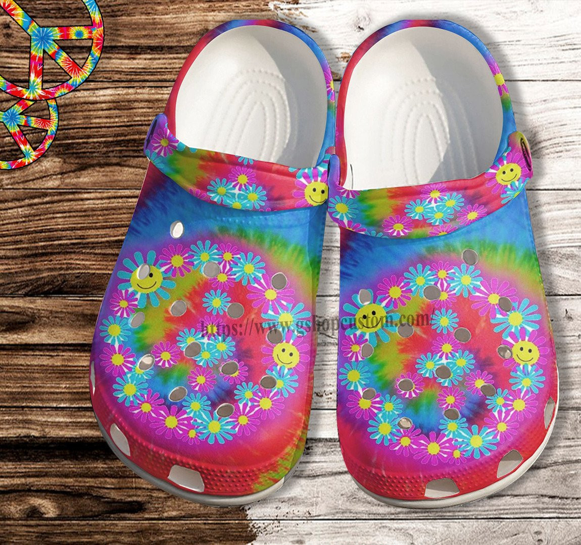 Smile Hippie Daisy Flower Rainbow Croc Shoes- Hippie Peace Beach Shoes Croc Clogs