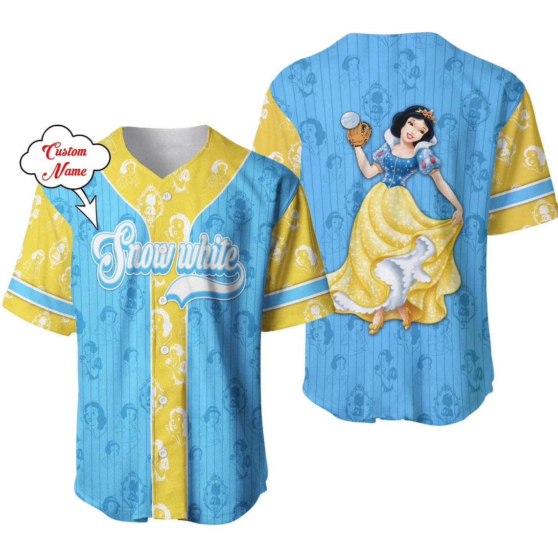 Snow White Dark Blue Yellow Patterns Disney Unisex Cartoon Custom Baseball Jersey Personalized Shirt Men Women