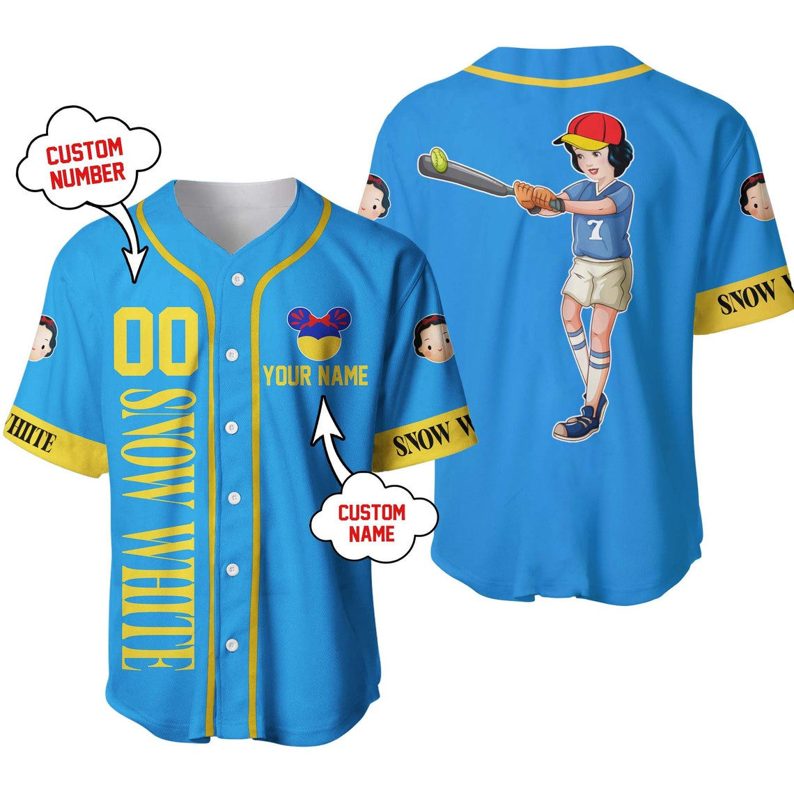 Snow White Princess Blue Yellow Disney Unisex Cartoon Custom Baseball Jersey Personalized Shirt Men Women