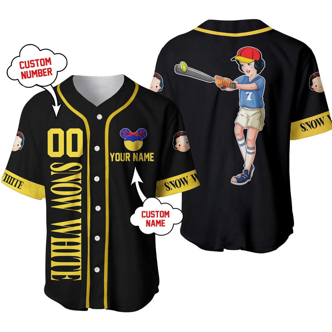 Snow White Princess Yellow Black Disney Unisex Cartoon Custom Baseball Jersey Personalized Shirt Men Women