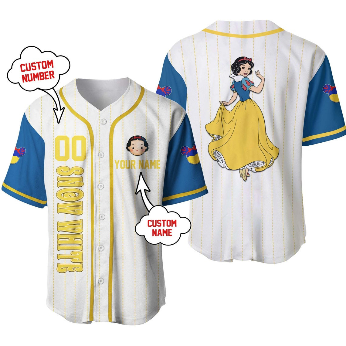 Snow White Princesses Disney Unisex Cartoon Custom Baseball Jersey Personalized Shirt Kid Adult Men Women