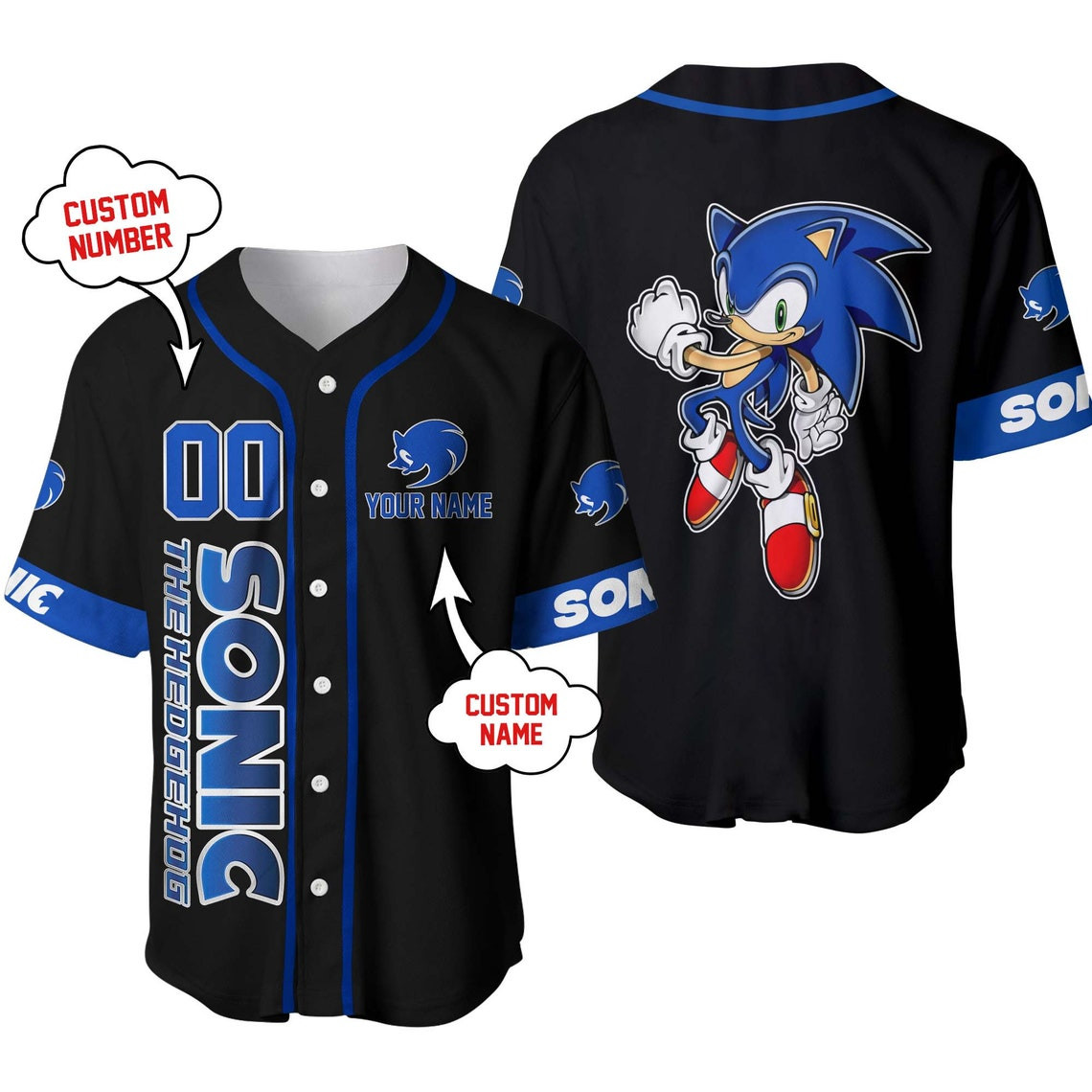 Sonic The Hedgehog Black Blue Disney Unisex Cartoon Custom Baseball Jersey Personalized Shirt Men Women