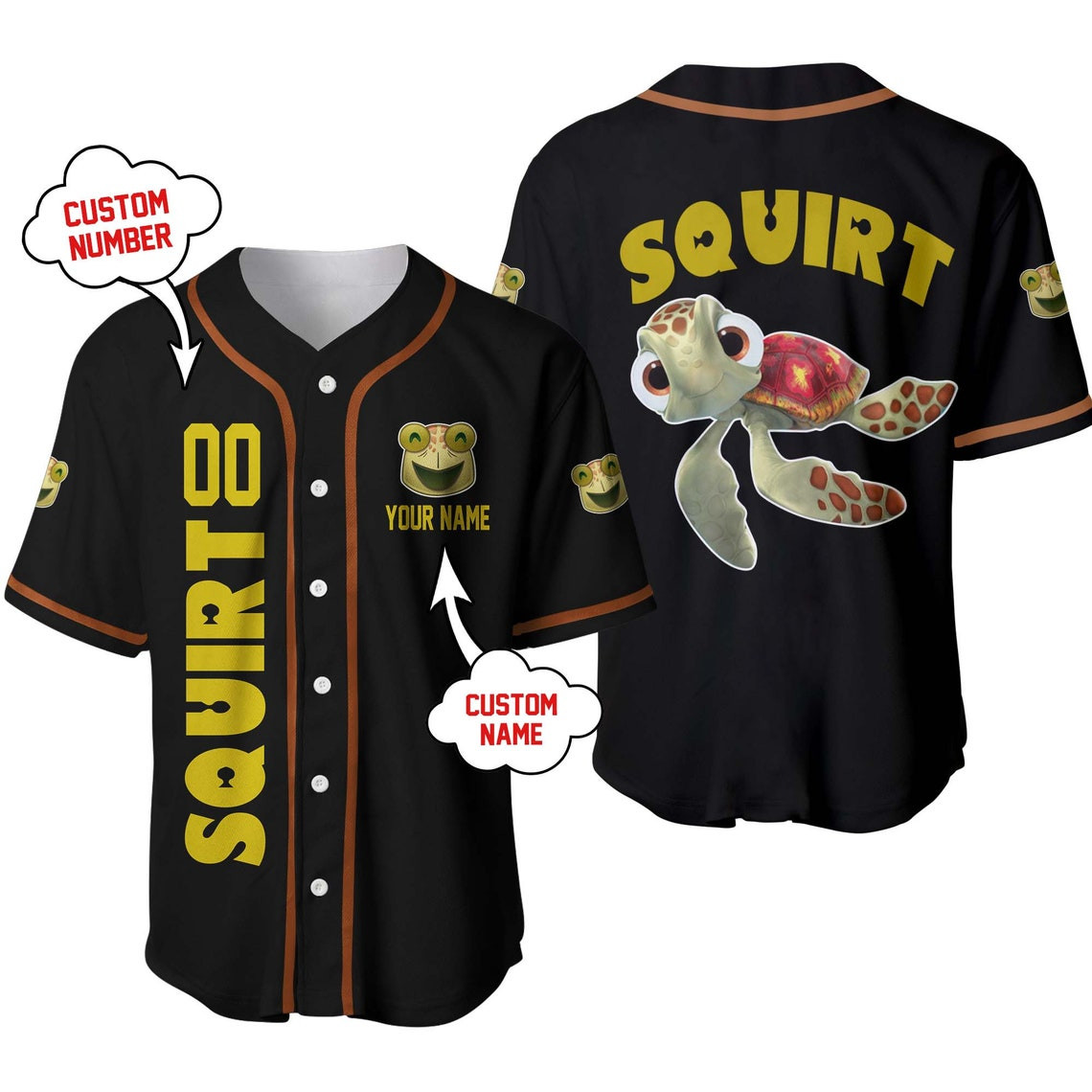 Squirt Turtle Finding Nemo Black Yellow Disney Unisex Cartoon Custom Baseball Jersey Personalized Shirt Men Women