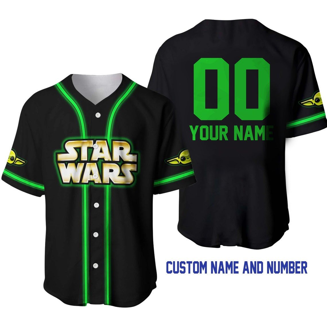 Star War Baby Yoda Black Neon Green Disney Unisex Cartoon Custom Baseball Jersey Personalized Shirt Men Women