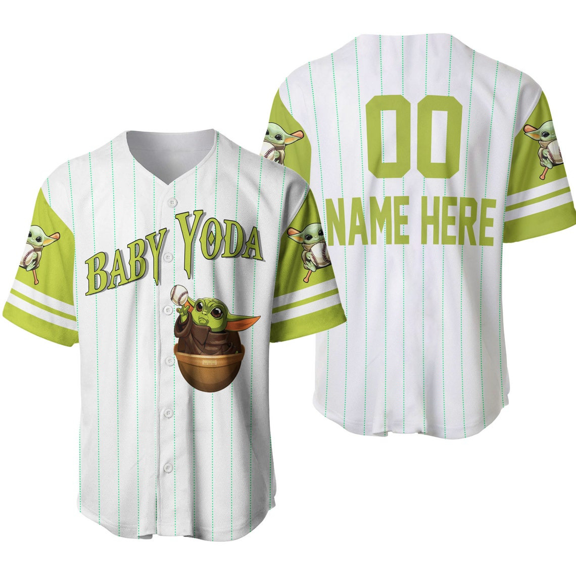 Star War Baby Yoda White Lime Green Disney Unisex Cartoon Custom Baseball Jersey Personalized Shirt Men Women