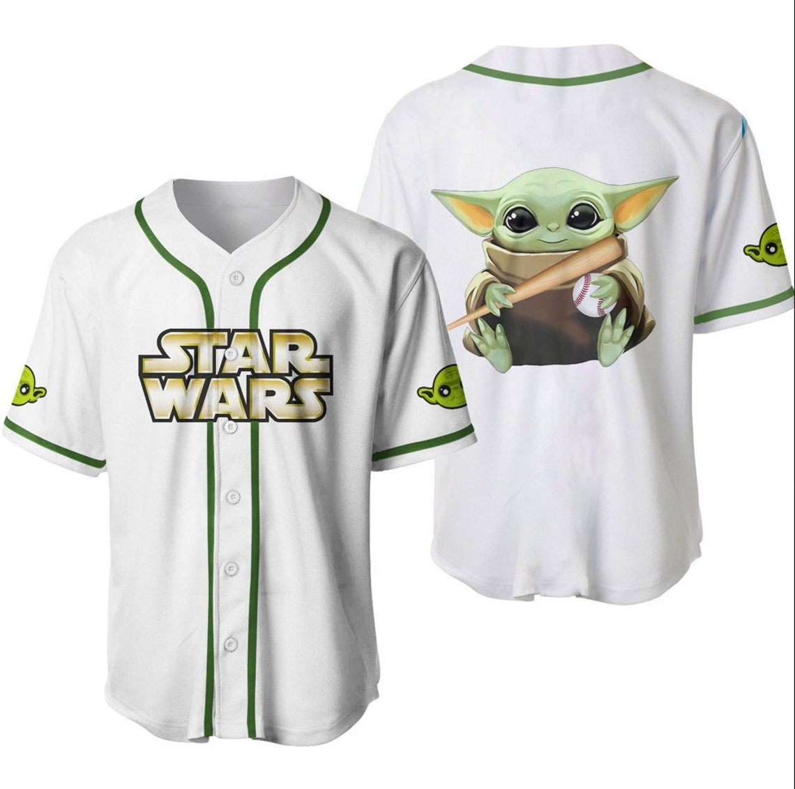 Star Wars Baby Yoda White Green Disney Unisex Cartoon Custom Baseball Jersey Personalized Shirt Men Women