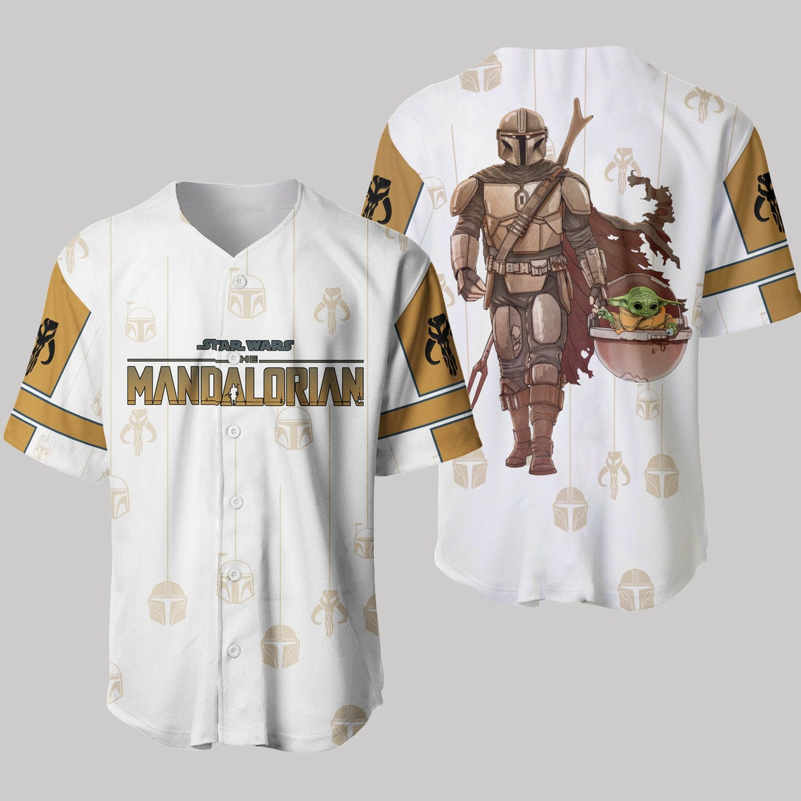 Star Wars Mandalorian White Brown Pattern Disney Unisex Cartoon Custom Baseball Jersey Personalized Shirt Men Women