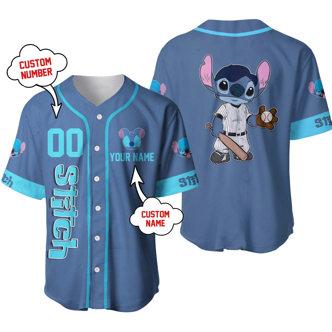 Stitch Baby Denim Blue Disney Unisex Cartoon Custom Baseball Jersey Personalized Shirt Men Women