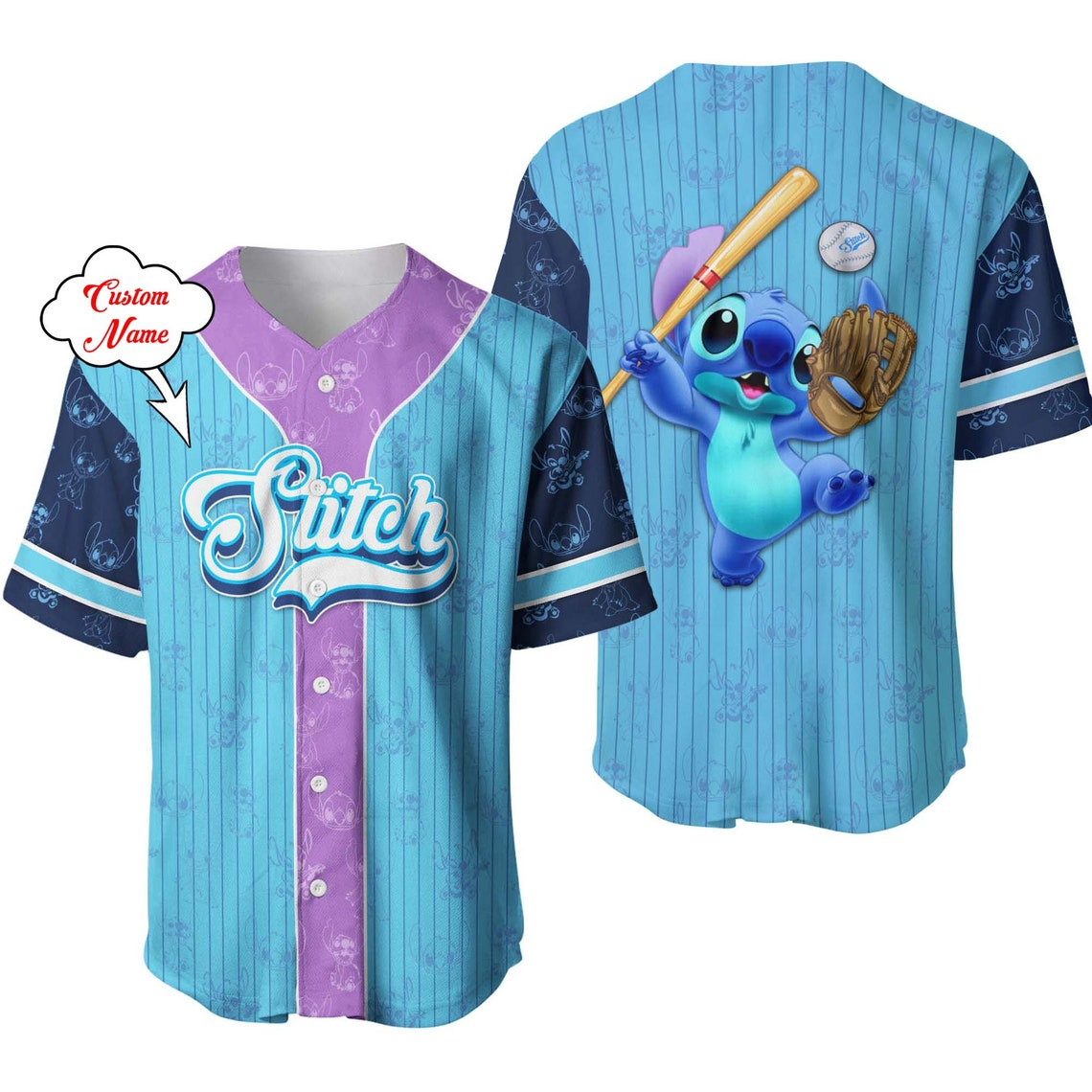 Stitch Blue Purple Patterns Disney Unisex Cartoon Custom Baseball Jersey Personalized Shirt Men Women