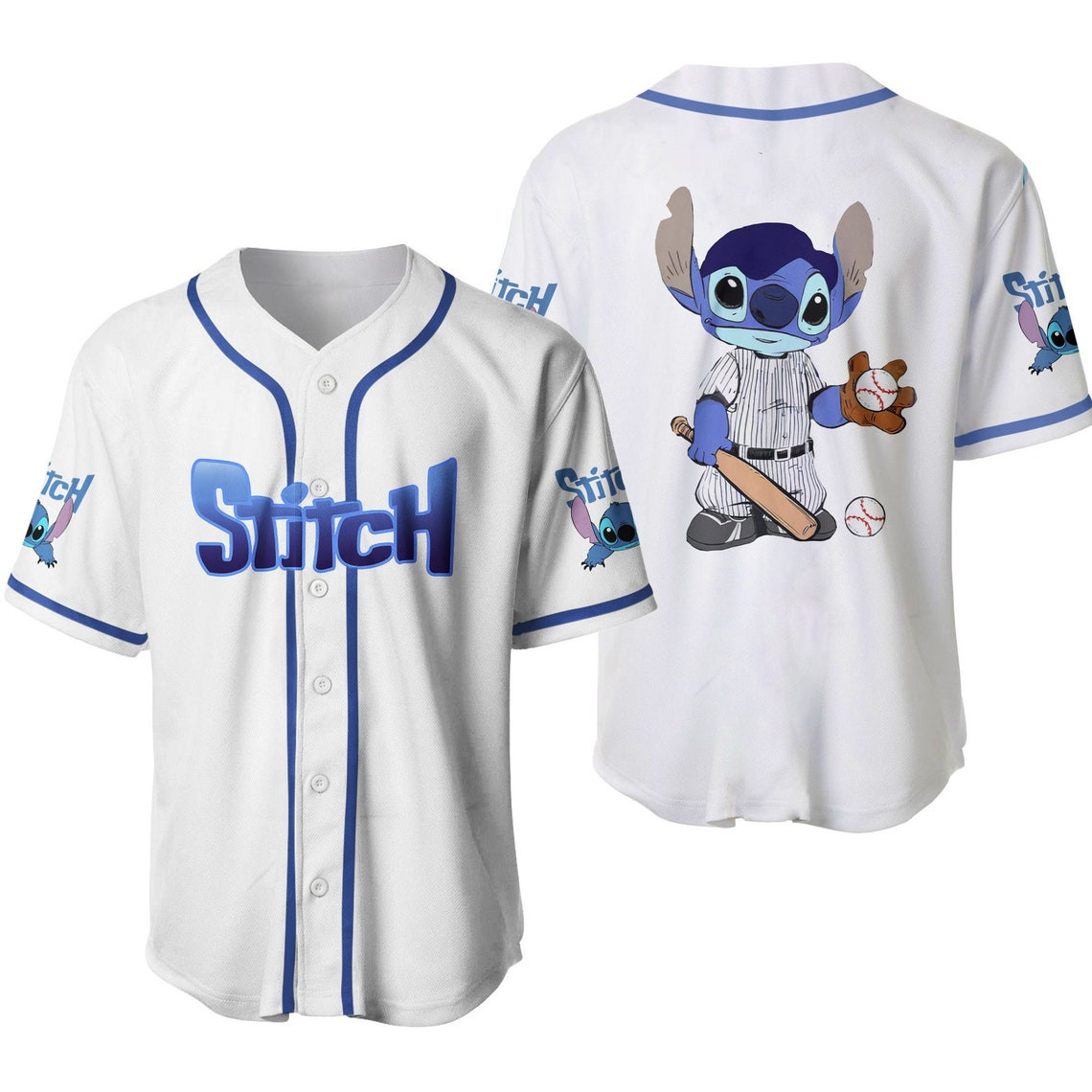 Stitch Blue White Disney Cartoons Graphics Unisex Casual Outfits Custom Baseball Jersey Personalized Shirt Men Women