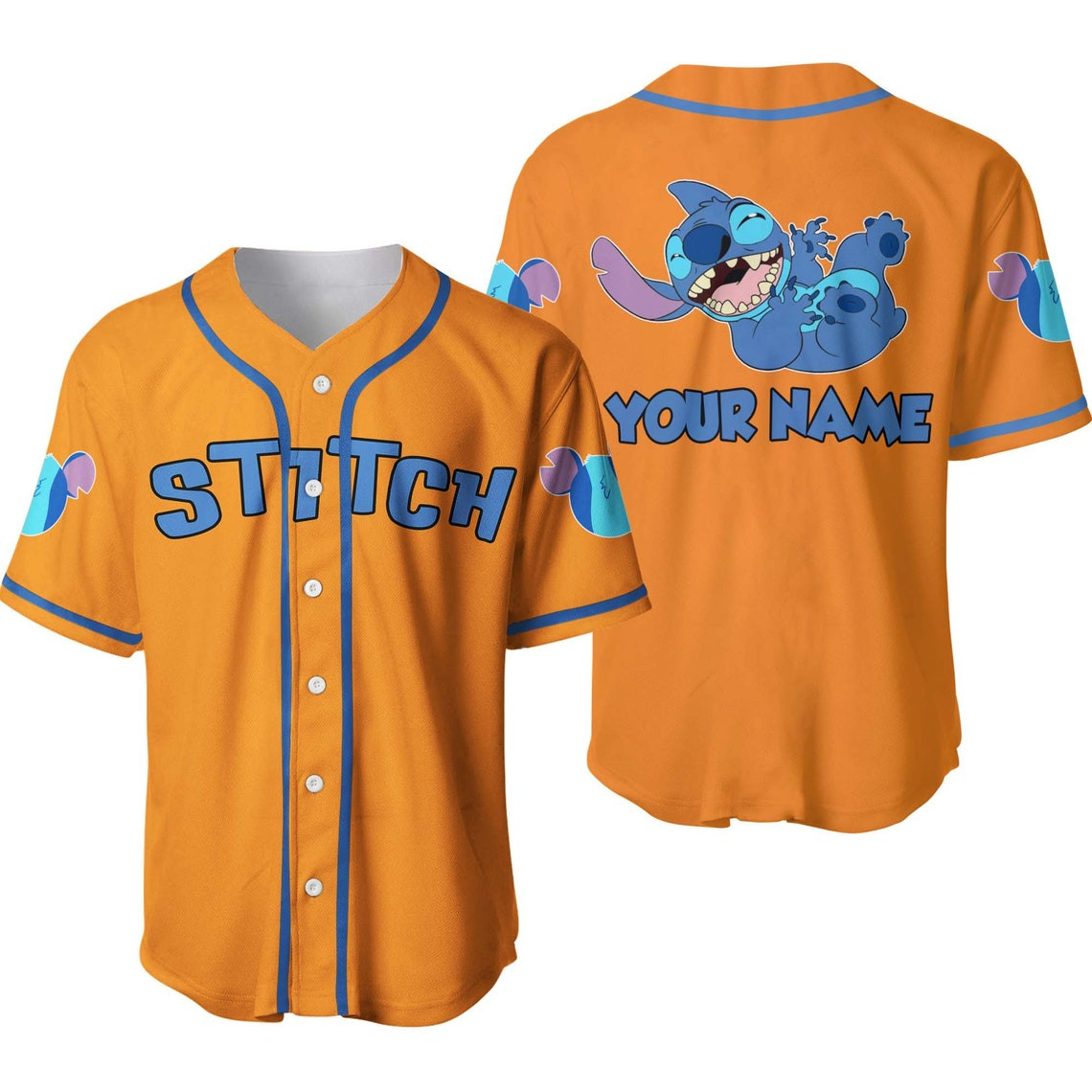 Stitch Smiling Blue Orange Disney Unisex Cartoon Custom Baseball Jersey Personalized Shirt Men Women