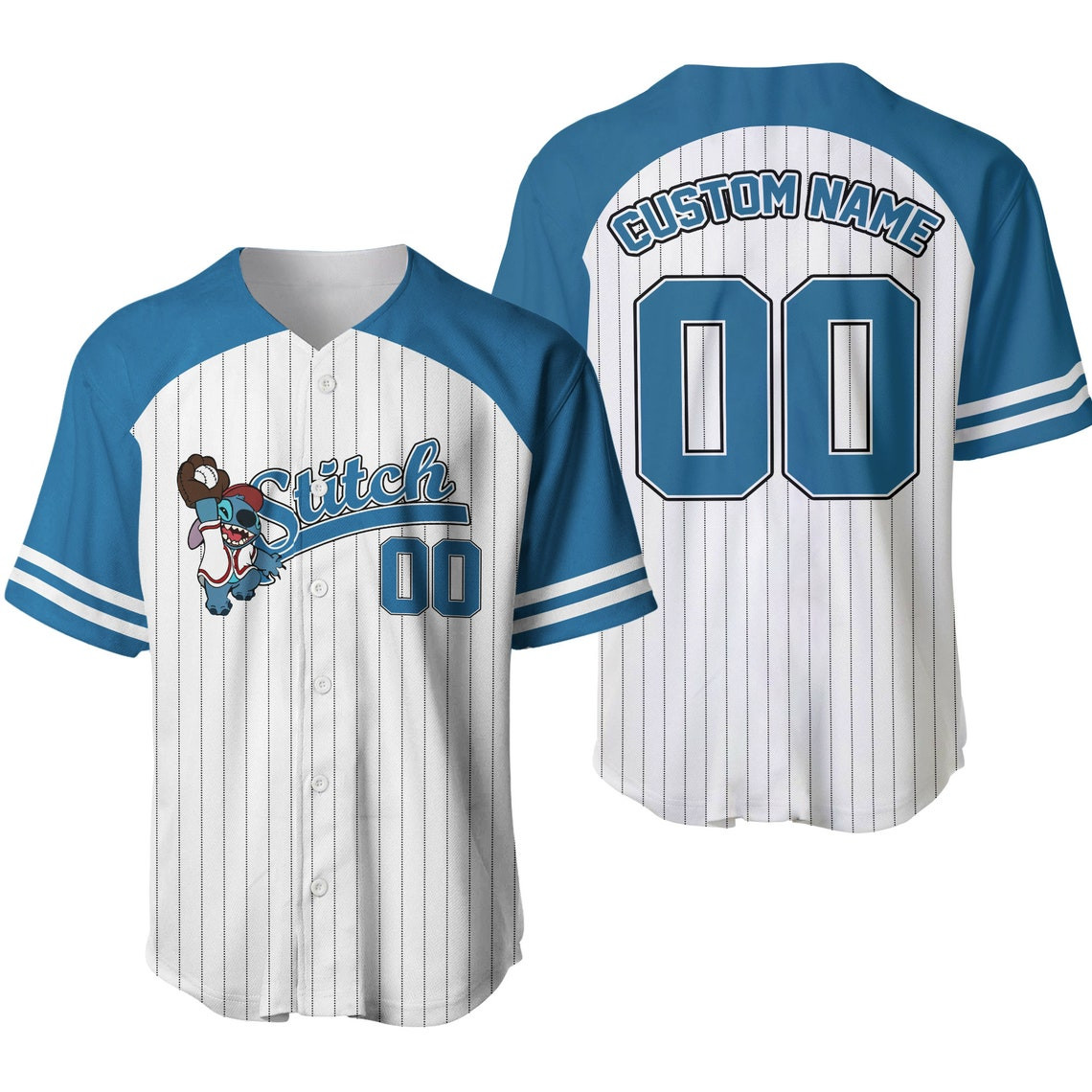 Stitch Striped Blue White Unisex Cartoon Custom Baseball Jersey Personalized Shirt Men Women