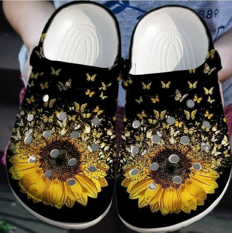 Storm Butterfly With Sunflower Rubber Crocs Clog Shoes Comfy Footwear