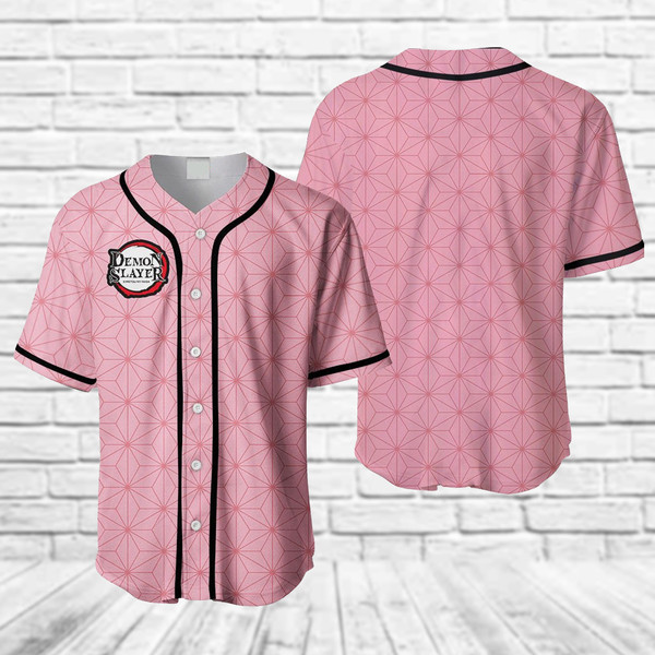 Summer Nezuko Pink Baseball Jersey, Unisex Jersey Shirt for Men Women