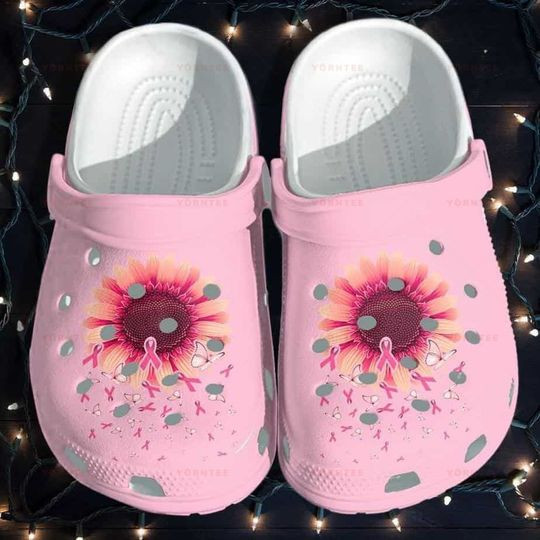 Sunflower Breast Cancer Awareness Merch Gift For Fan Classic Water Rubber Crocs Clog Shoes Comfy Footwear