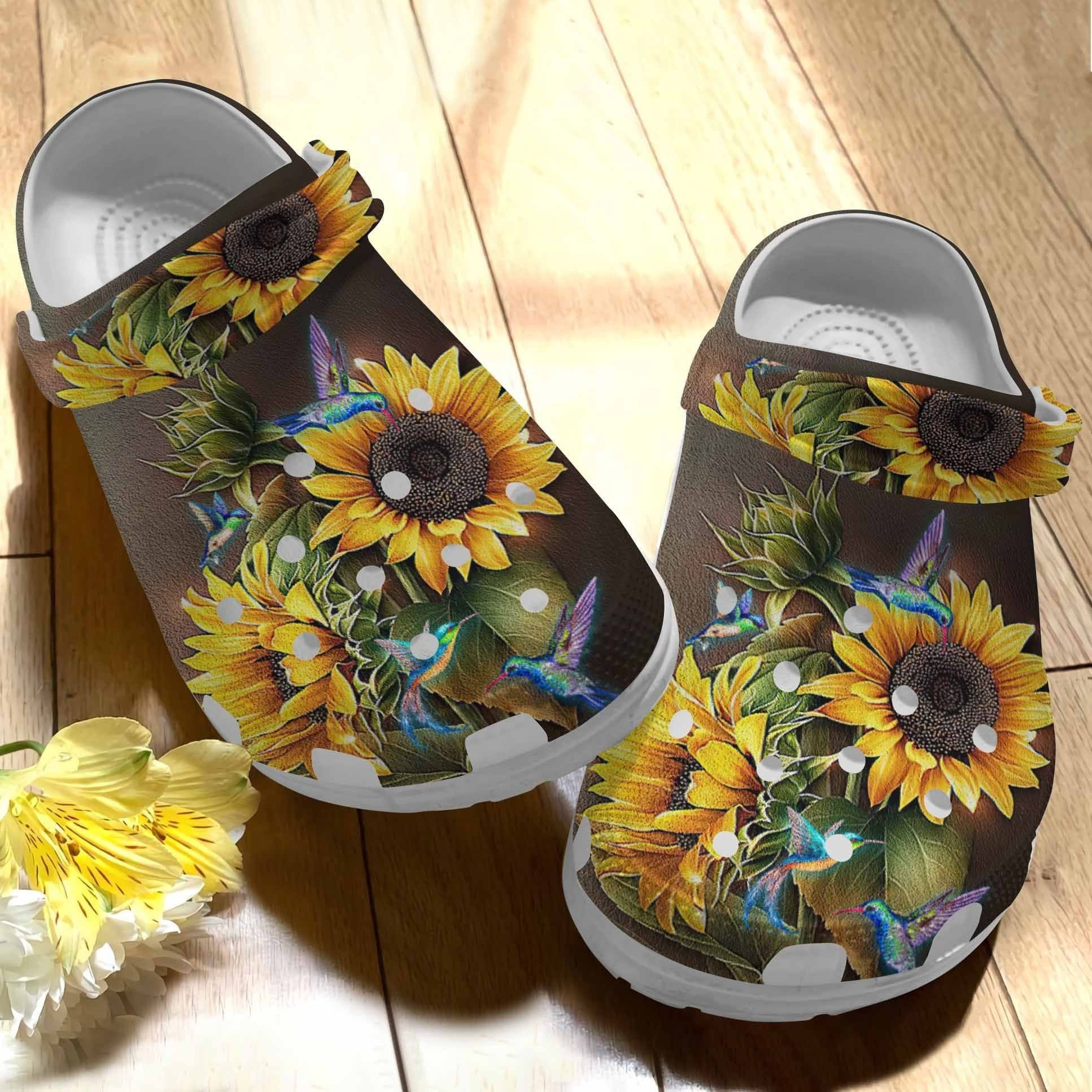 Sunflower Hummingbird Hippie Shoes Crocs Clogs Gift Birthday Women Girl - Hmbsunf