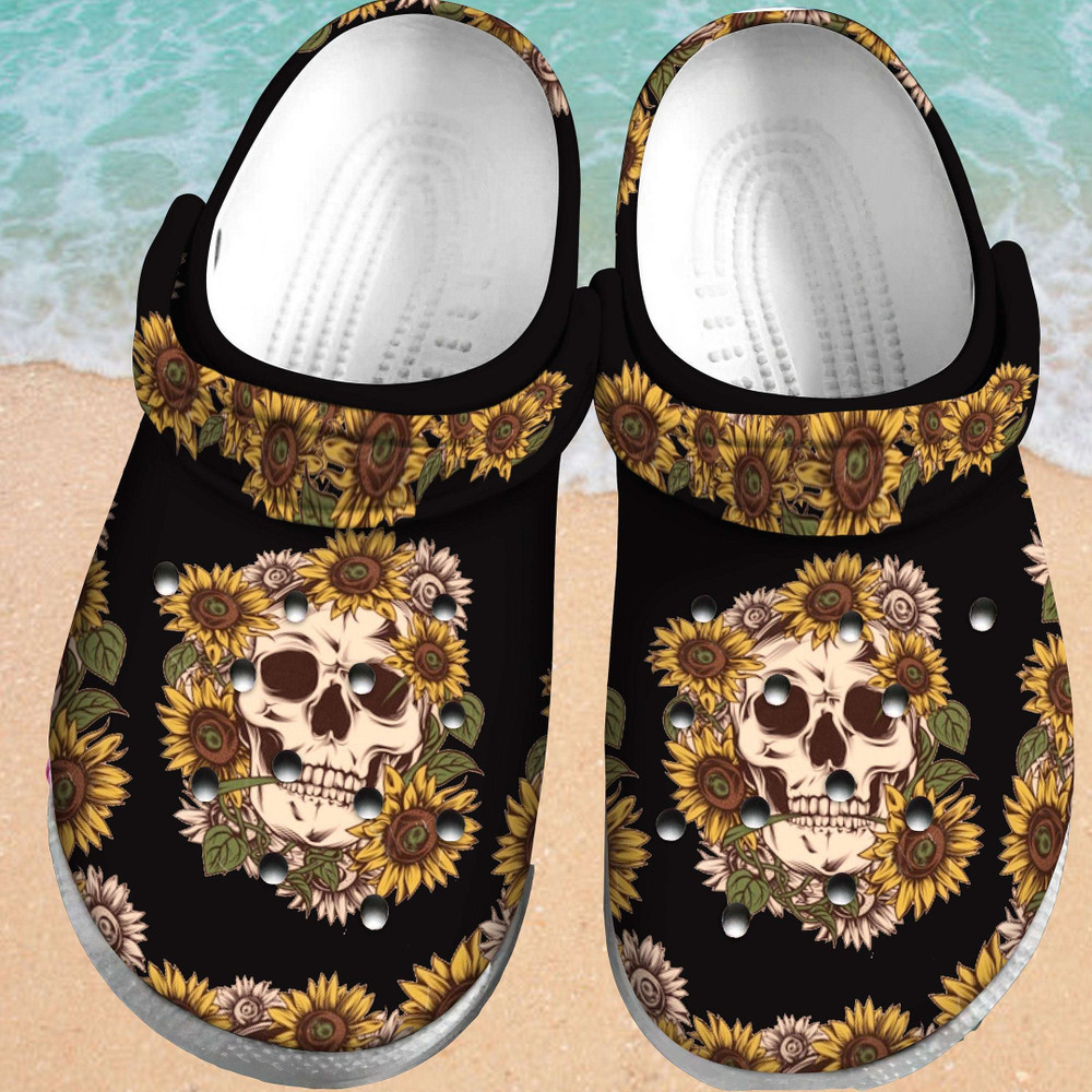 Sunflower Skull Gift For Lover Rubber Crocs Clog Shoes Comfy Footwear
