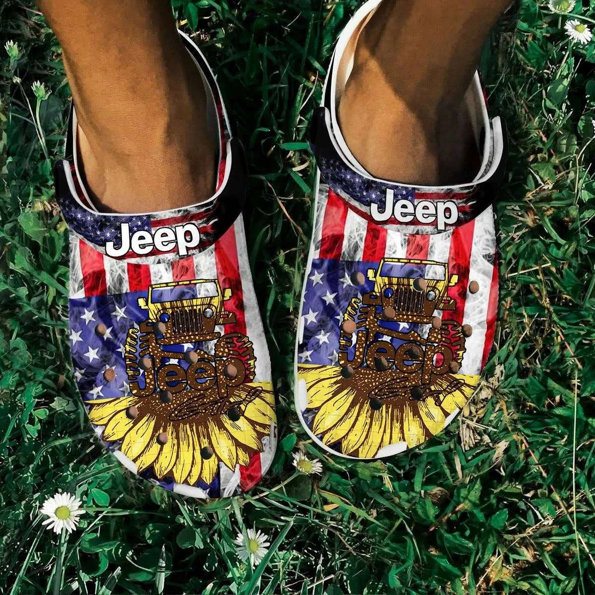 Sunflower Us Flag Jeep Girl Crocs Crocband Clog Shoes For Jeep Lover