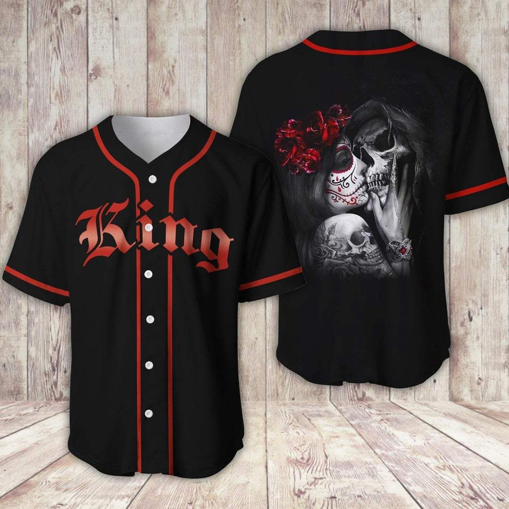 Tattoo King And Queen Skull Couple Baseball Jersey, Unisex Jersey Shirt for Men Women