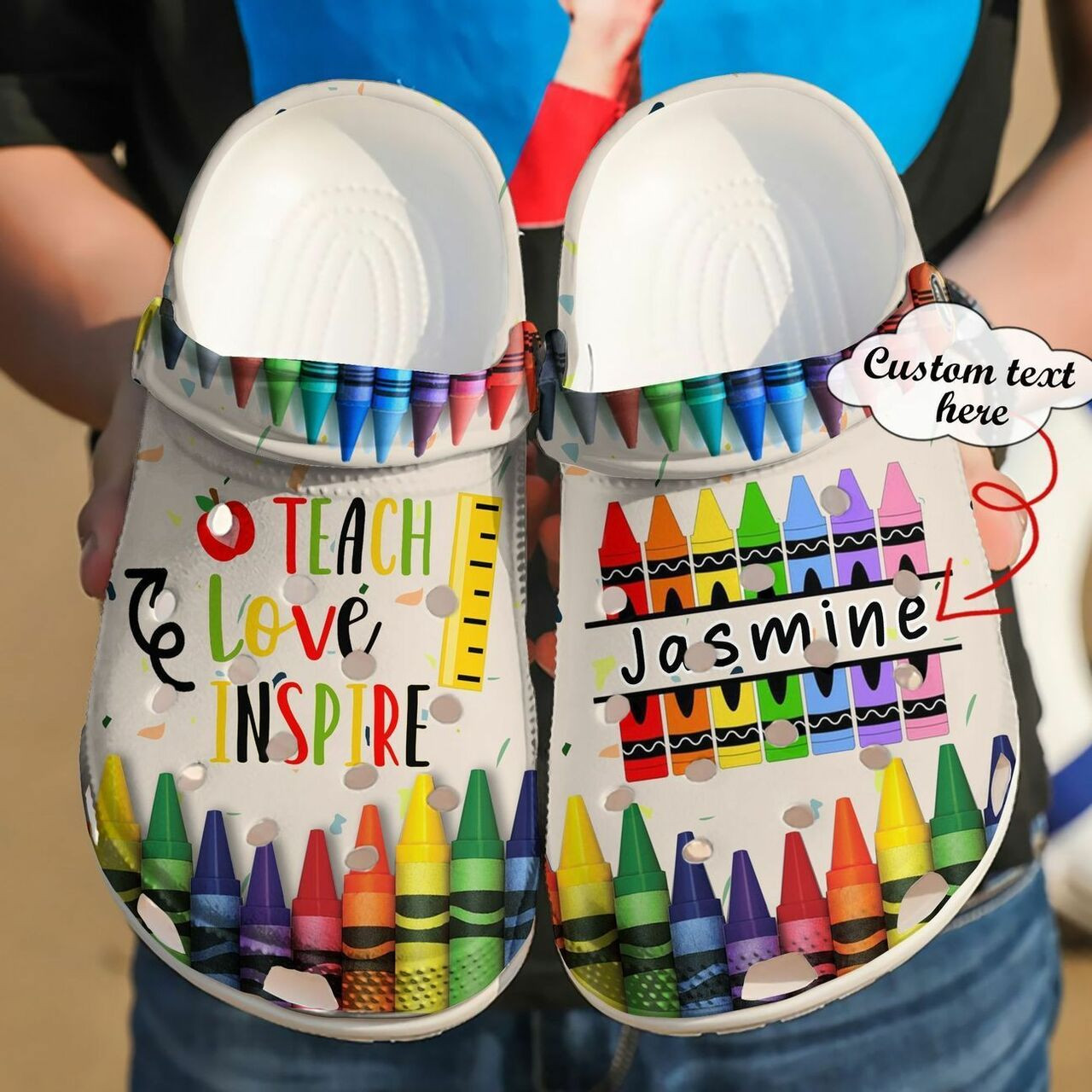 Teach Love Inspire Crayon Pencils Teacher Custom Name Crocs Crocband Clog Shoes For Men Women