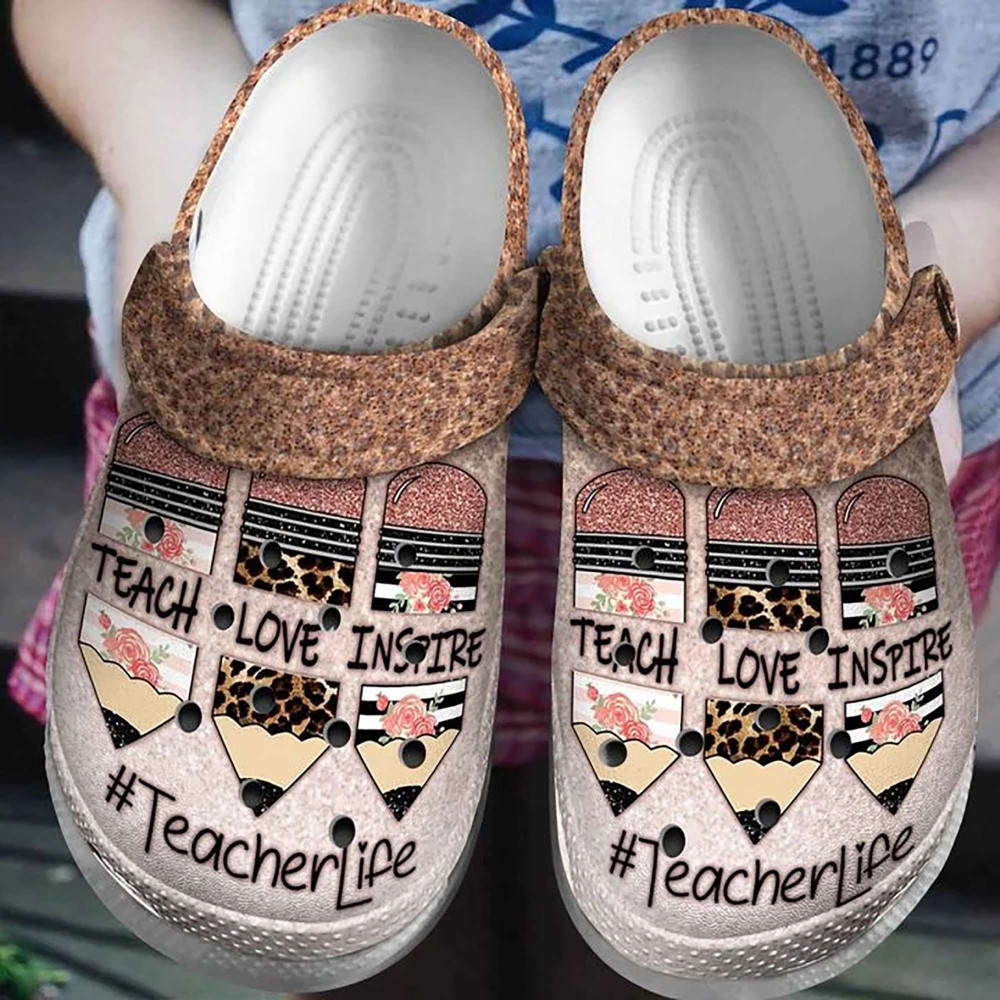 Teacher Life Teach Love Inspire Rubber Crocs Clog Shoes Comfy Footwear