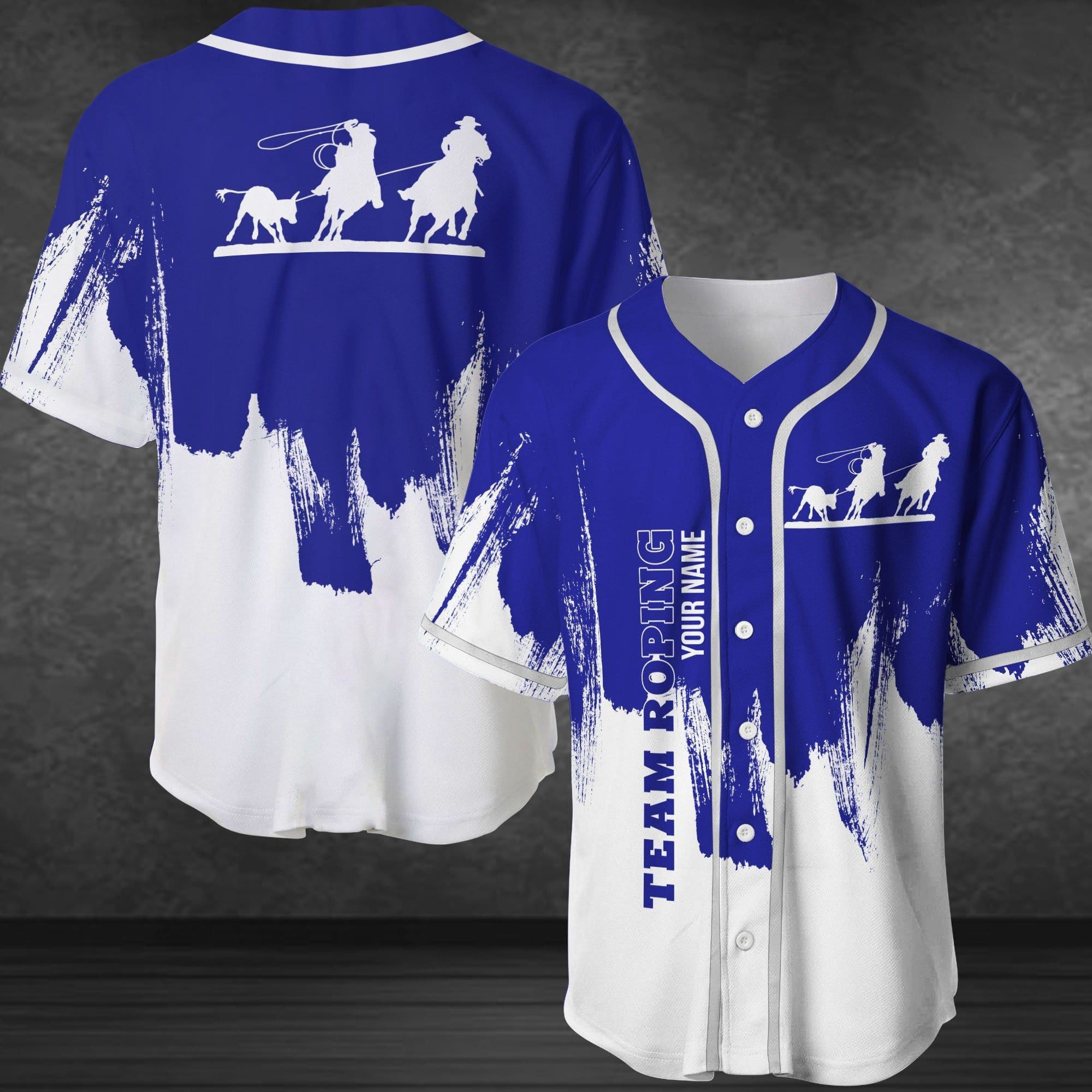 Team Roping Blue And White Personalized Baseball Jersey