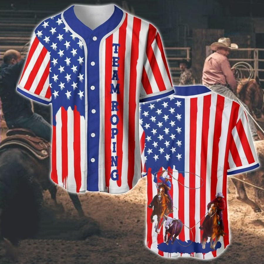 Team Roping US Flag Stripes Baseball Jersey