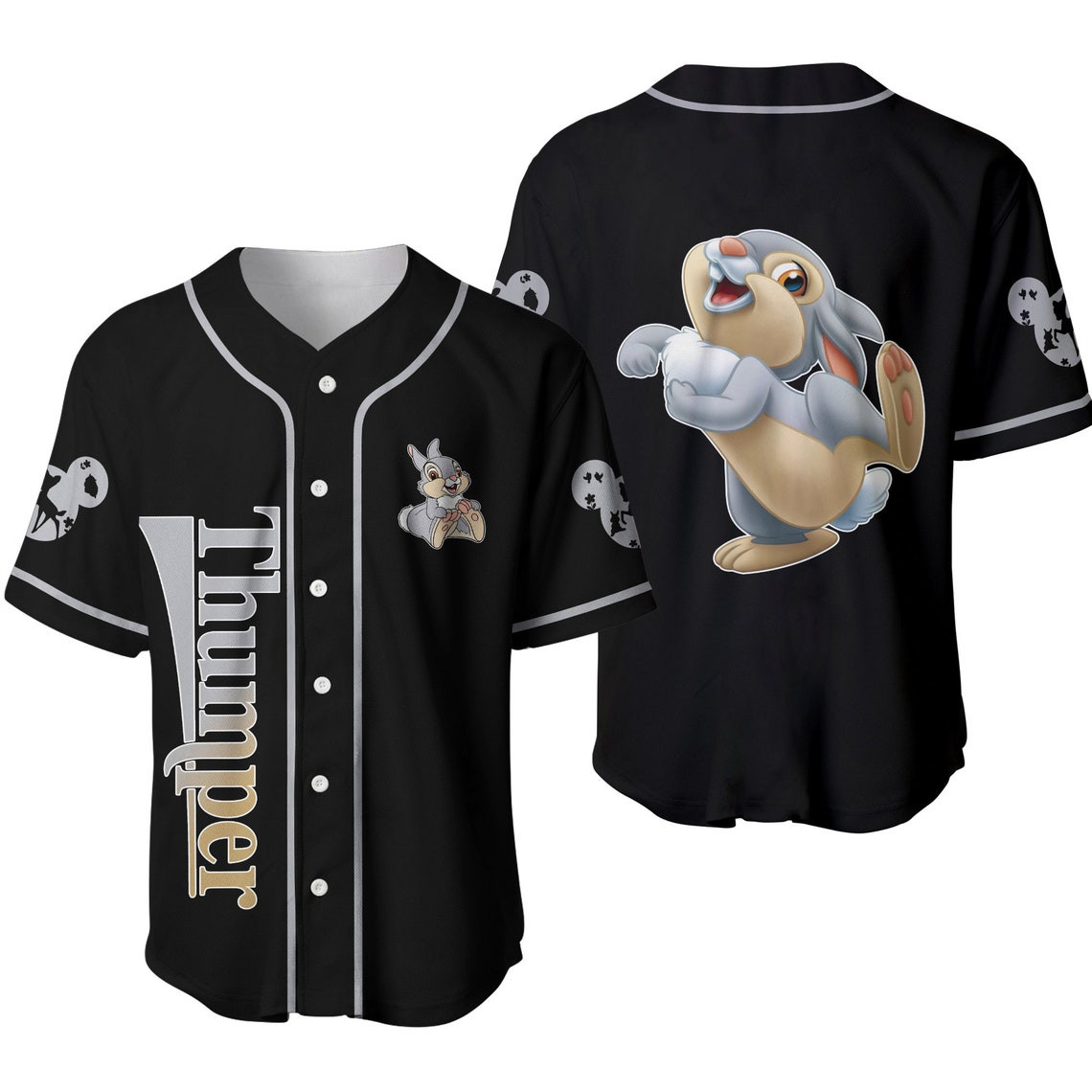 Thumper Rabbit Bambi Gray Black Beigei Patterns Disney Unisex Cartoon Casual Outfits Custom Baseball Jersey Personalized Shirt Men Women