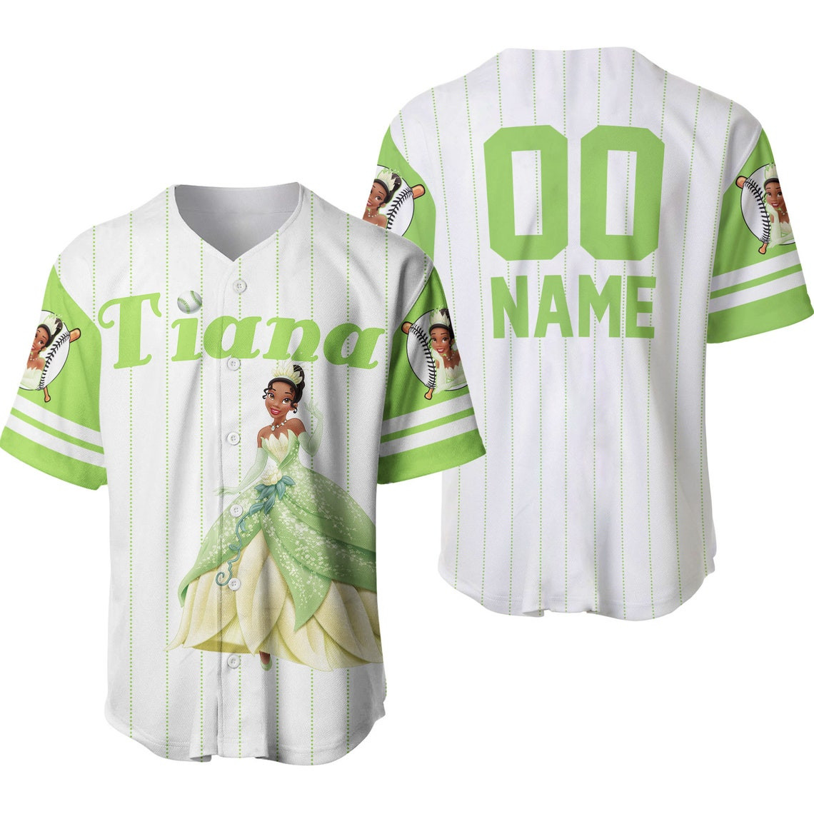 Tiana Princess White Lime Green Disney Unisex Cartoon Custom Baseball Jersey Personalized Shirt Men Women