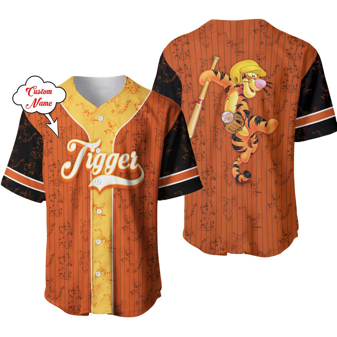 Tigger Dark Orange Black Patterns Disney Unisex Cartoon Custom Baseball Jersey Personalized Shirt Men Women