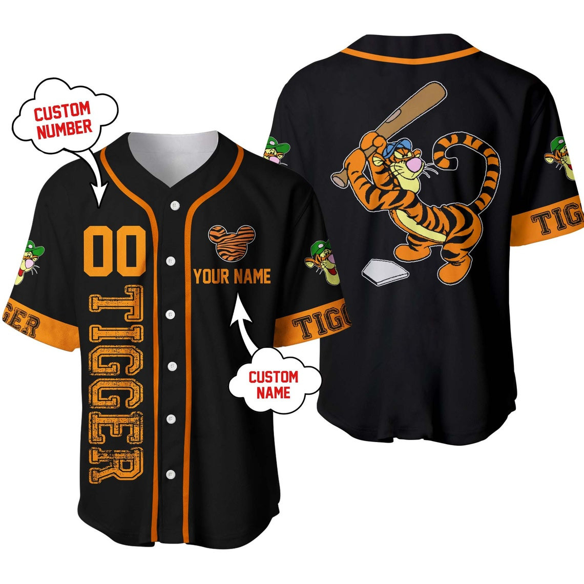 Tigger Winnie The Pooh Black Orange Disney Unisex Cartoon Custom Baseball Jersey Personalized Shirt Men Women