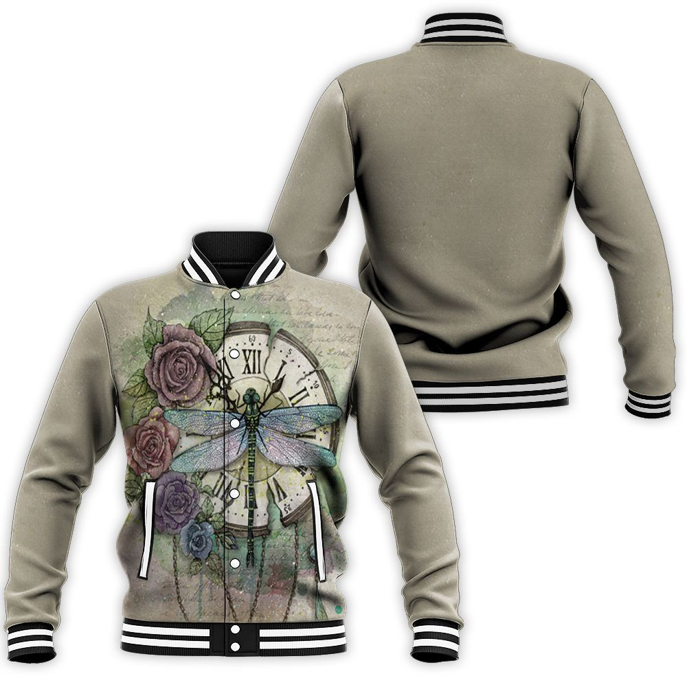 Time Flies Dragonfly Rose Clock 3d Baseball Jacket for Men Women