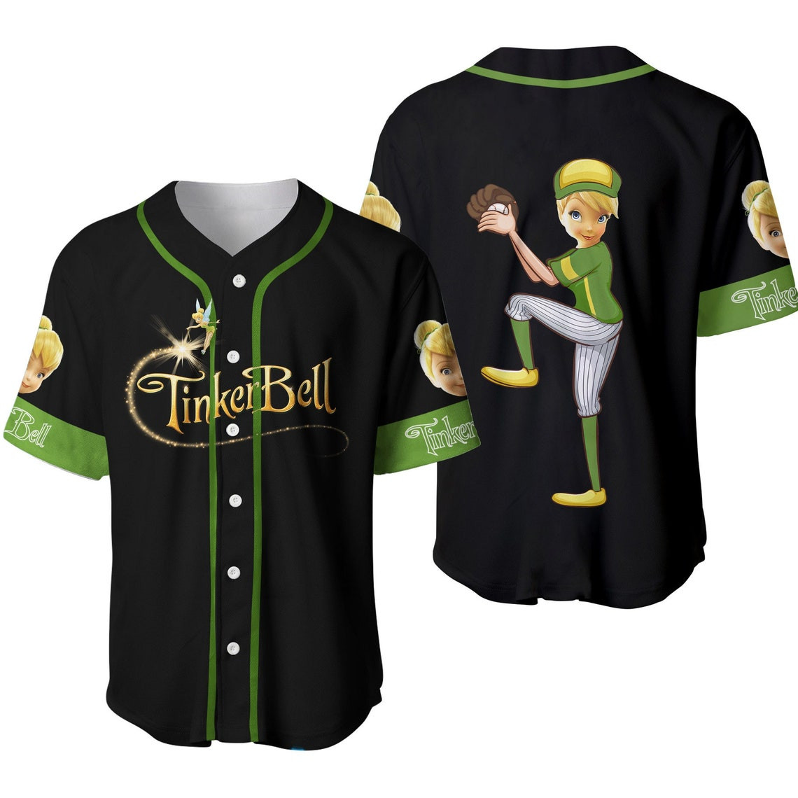 Tinker Bell Black Green Disney Unisex Cartoon Custom Baseball Jersey Personalized Shirt Men Women