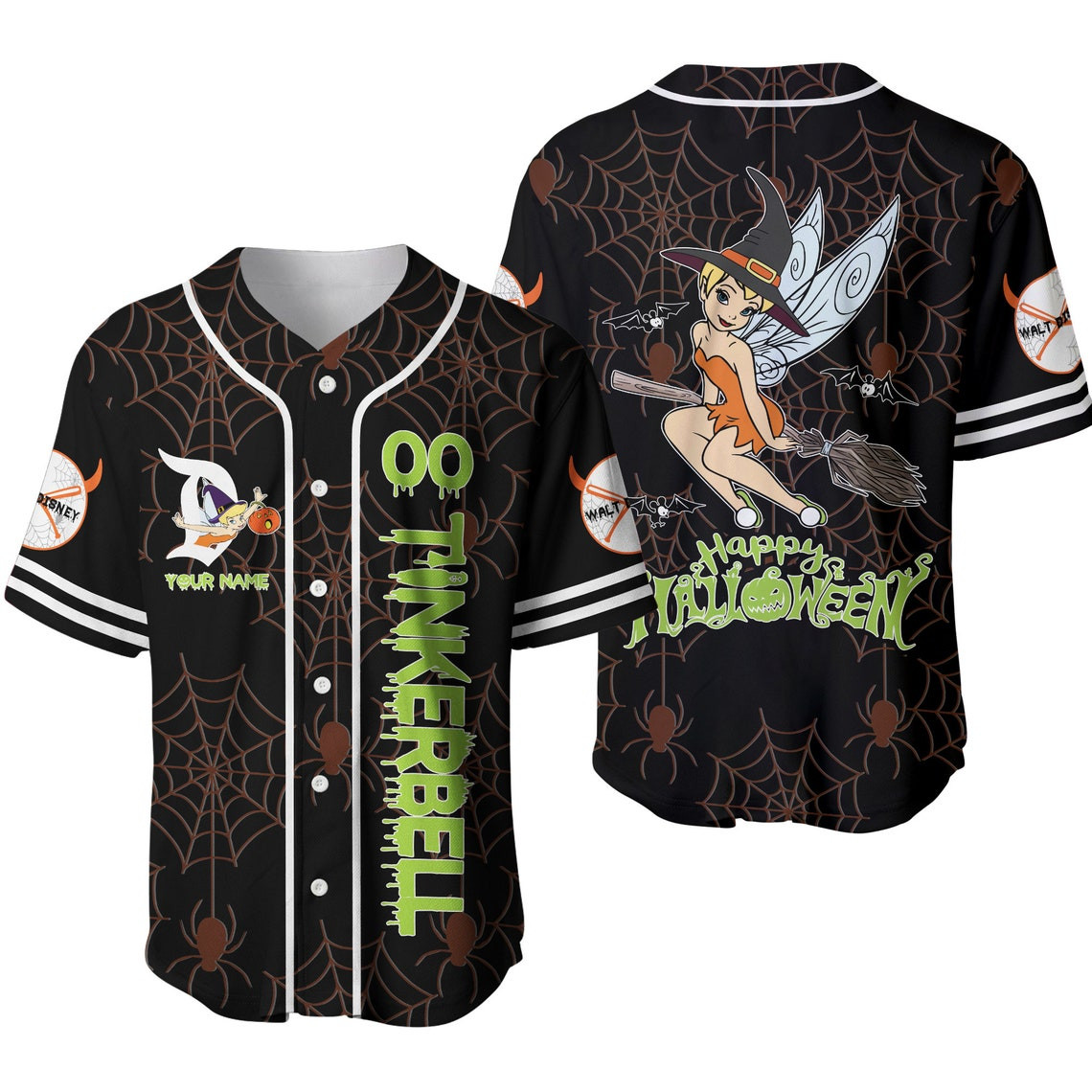 Tinker Bell Black Green Happy Halloween Disney Unisex Cartoon Custom Baseball Jersey Personalized Shirt Men Women