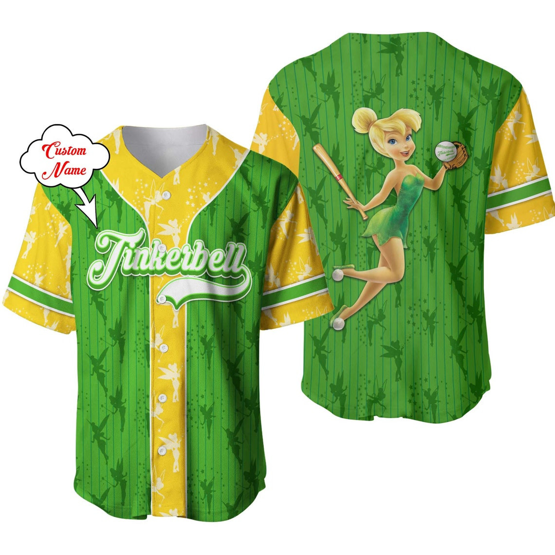 Tinker Bell Dark Green Yellow Patterns Disney Unisex Cartoon Custom Baseball Jersey Personalized Shirt Men Women