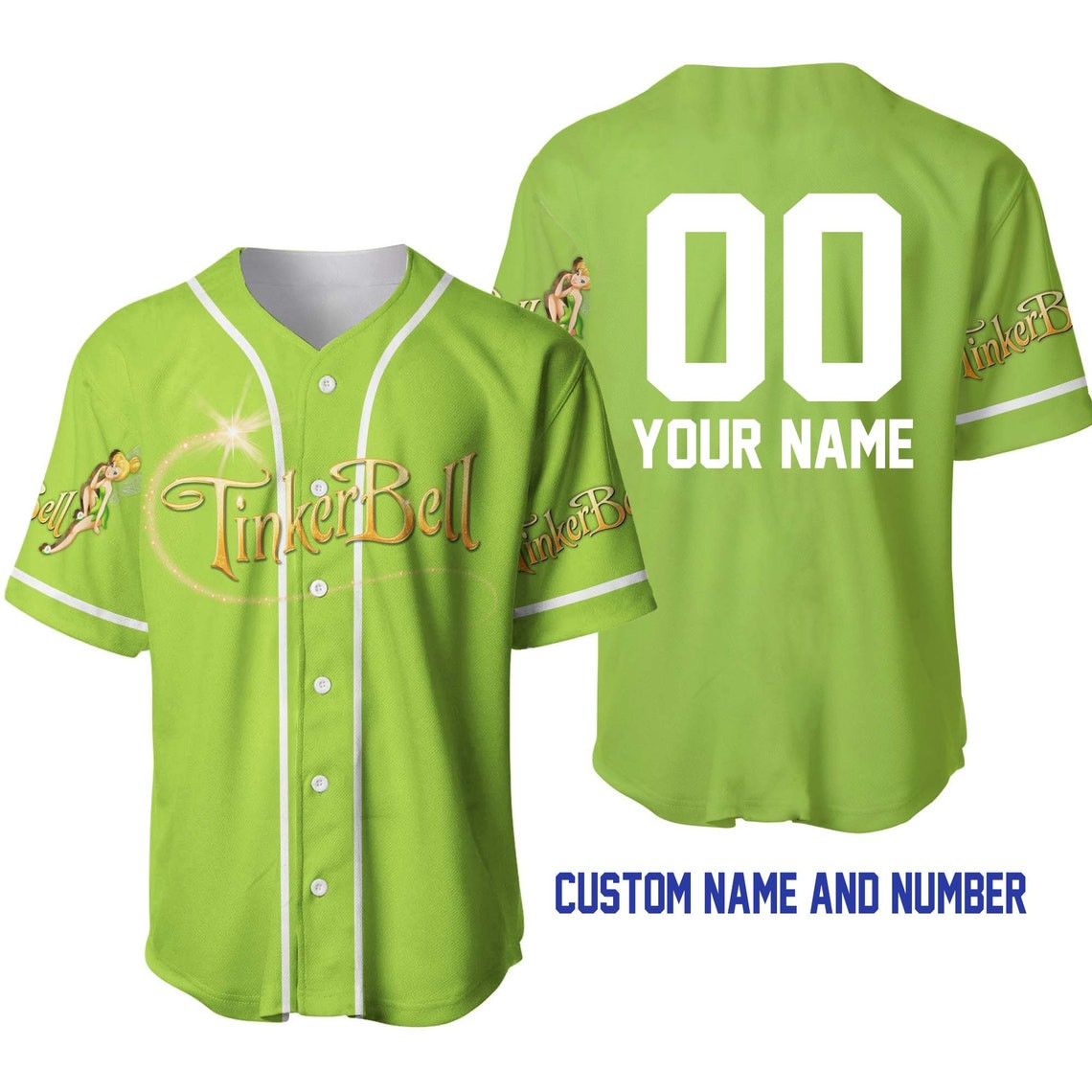 Tinker Bell Lime Green White Disney Unisex Cartoon Custom Baseball Jersey Personalized Shirt Men Women