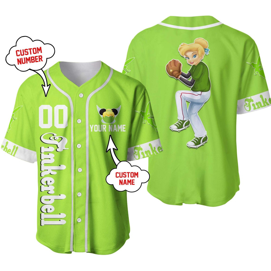 Tinker Bell Neon Green White Disney Unisex Cartoon Custom Baseball Jersey Personalized Shirt Men Women