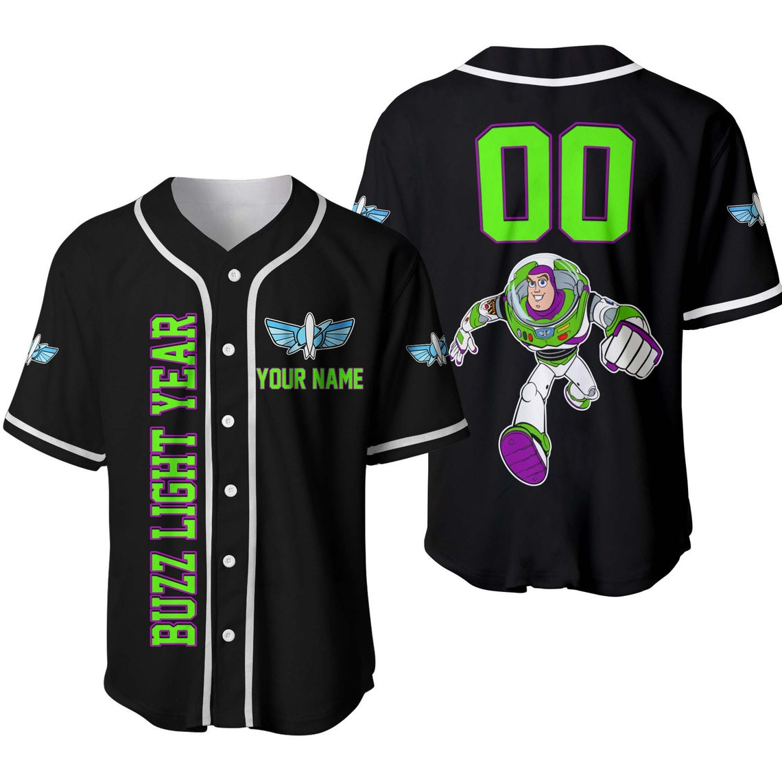 Toy Story Buzz Light Year Green Black Disney Unisex Cartoon Custom Baseball Jersey Personalized Shirt Men Women