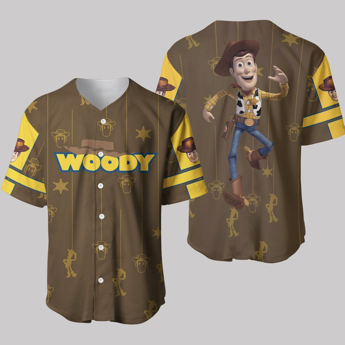 Toy Story Woody Brown Yellow Patterns Disney Unisex Cartoon Custom Baseball Jersey Personalized Shirt Men Women