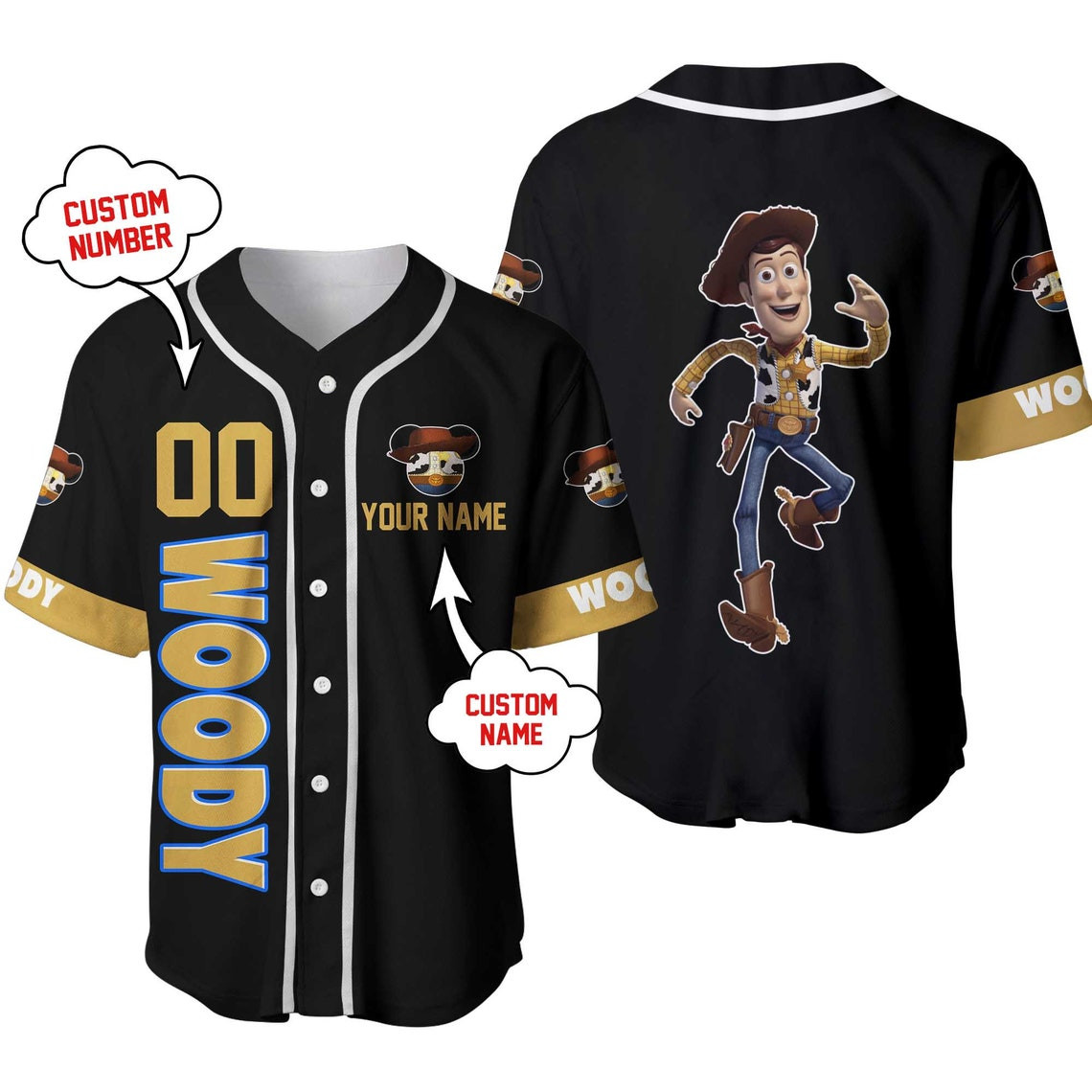 Toy Story Woody Golden Yellow Black Disney Unisex Cartoon Custom Baseball Jersey Personalized Shirt Men Women