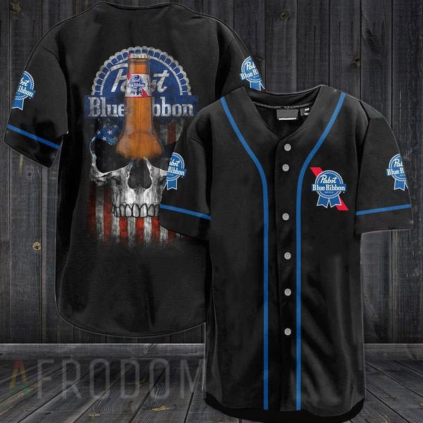 US Flag Black Skull Pabst Blue Ribbon Baseball Jersey