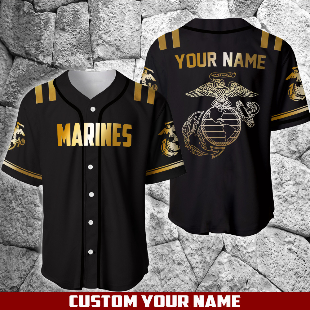 US Marine Black And Gold Custom Name Baseball Jersey