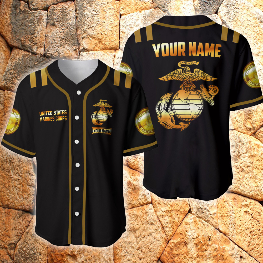 US Marine Black And Gold Eagle Custom Name Baseball Jersey, Unisex Jersey Shirt for Men Women