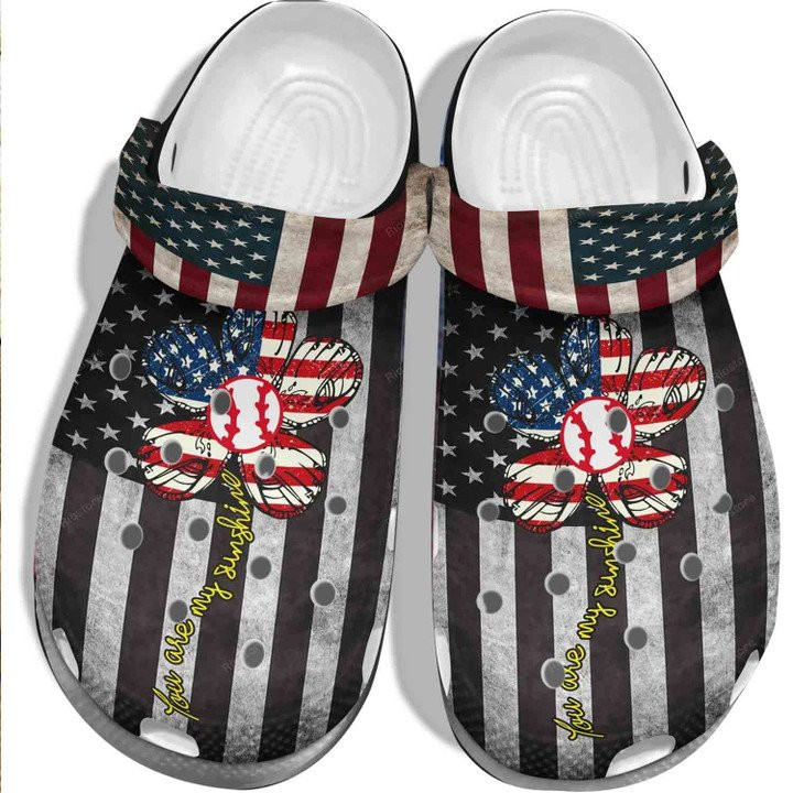 USA Flag Flower Baseball My Sunshine Crocs Classic Clogs Shoes th Of July Gift Baseball