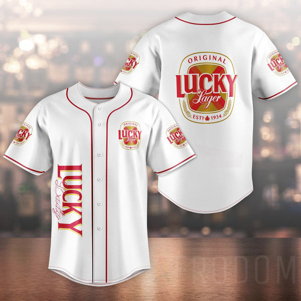 Unisex White Lucky Lager Beer Baseball Jersey