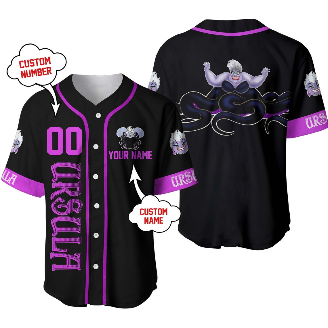 Ursula the Little Mermaid Black Purple Disney Unisex Cartoon Custom Baseball Jersey Personalized Shirt Men Women