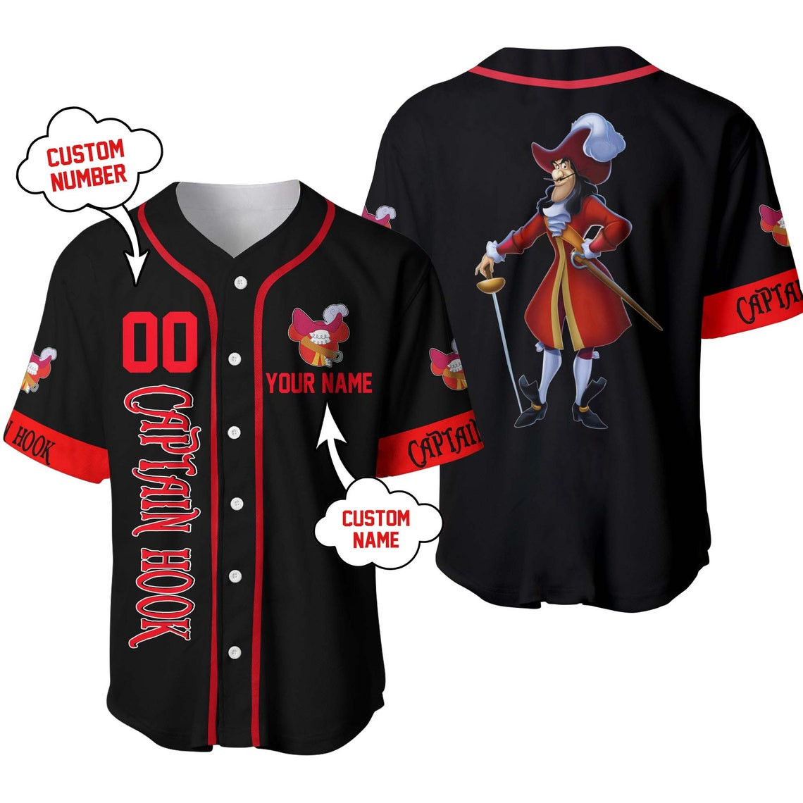 Villain Captain Hook Black Dark Red Disney Unisex Cartoon Custom Baseball Jersey Personalized Shirt Men Women