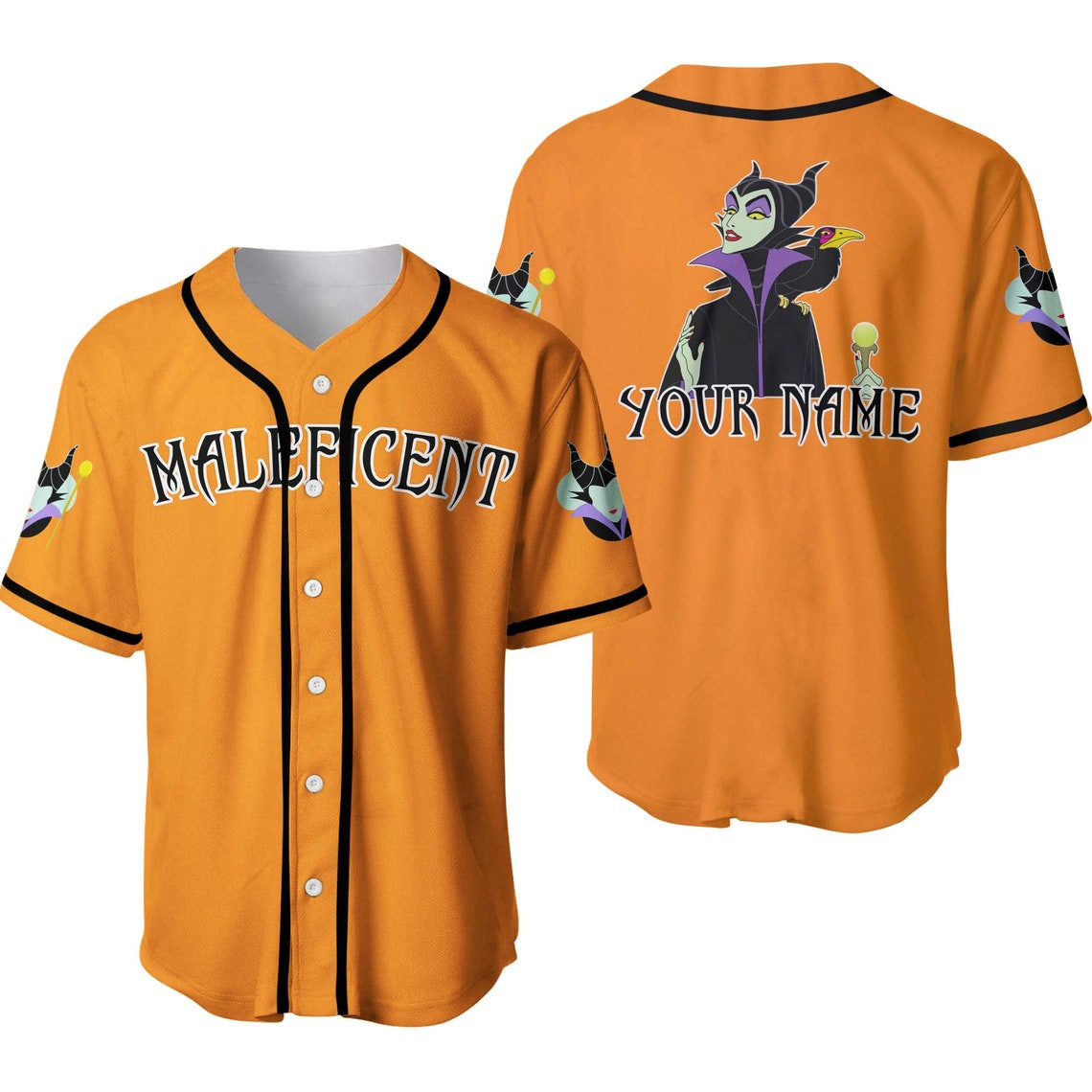 Villain Maleficent Black Orange Disney Unisex Cartoon Custom Baseball Jersey Personalized Shirt Men Women